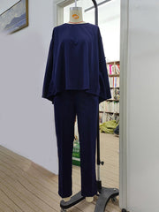 Round-Neck Batwing Sleeves High-Low Beaded Shirts Top + Elasticity Pleated Pants Bottom Two Pieces Set