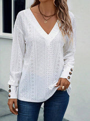 Buttoned Solid Color Long Sleeves Loose V-Neck T-Shirts Tops