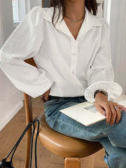 Buttoned Single-Breasted Solid Color Long Sleeves Puff Sleeves Lapel Blouses&Shirts Tops