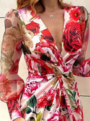 Flower Print Knot Mesh Split-Joint Bodycon Long Sleeves Deep V-Neck Mini Dresses