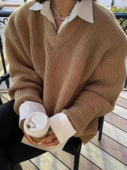Simple Long Sleeves Loose Solid Color V-Neck Sweater Tops