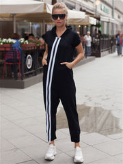 Stripes Zipper Hooded Jumpsuits