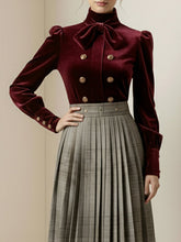 Long Sleeves Puff Sleeves Bow-Embellished Buttoned Contrast Color Pleated Split-Joint High Neck Blouses&Shirts Tops