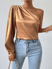Hollow Pleated Solid Color Loose Puff Sleeves One-shoulder Blouses