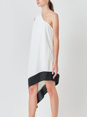 Asymmetric Contrast Color Pockets Split-Joint A-Line Loose One-Shoulder Midi Dresses