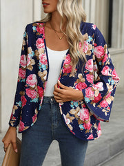 Flower Print Flared Sleeves Long Sleeves Collarless Outerwear