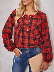 Buttoned Elasticity Plaid Pockets Long Sleeves Loose Round-Neck Blouses&Shirts Tops