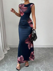 Contrast Color Flower Print Bodycon Sleeveless Round-Neck Maxi Dresses