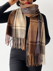 Contrast Color Plaid Striped Tasseled Shawl&Scarf