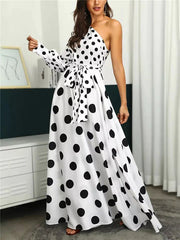 Long Sleeves Loose Contrast Color Polka-Dot Tied Waist One-Shoulder Maxi Dresses
