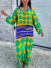 Buttoned Printed Long Sleeves Loose Lapel Shirt Dress Maxi Dresses