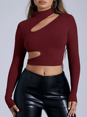 Asymmetric Hollow Solid Color Split-Joint Long Sleeves Skinny High Neck T-shirts