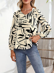 Elasticity Printed Split-Joint Long Sleeves Loose V-Neck T-Shirts Tops