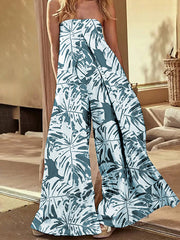 Elasticity Leaves Print Pleated Pockets Loose Sleeveless Tube Jumpsuits