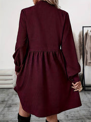 Belted Buttoned Pleated Solid Color Split-Joint A-Line Elasticated Waist Stand Collar Shirt Dress Midi Dresses