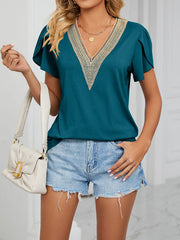Applique Loose Short Sleeves V-Neck T-Shirts Tops