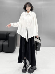 Buttoned Solid Color Split-Joint Streamer Irregularity Long Sleeves Lapel Collar Blouses&Shirts Tops