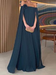 Loose Gauze Pleated Solid Color Tiered Off-The-Shoulder Evening Dresses Maxi Dresses