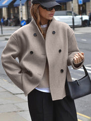 Buttoned Long Sleeves Loose Stand Collar Woolen Coat