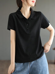 Buttoned Solid Color Short Sleeves Polo T-Shirts Tops