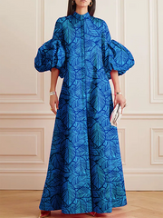 Elasticity Leaves Print Split-Joint Zipper A-line Half Sleeves Mock Neck Maxi Dresses