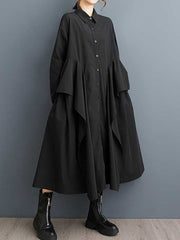 Buttoned Pockets Ruffle Trim Solid Color A-Line Long Sleeves Lapel Midi Dresses