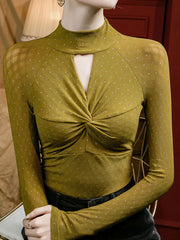 Hollow Knot Polka-Dot Rhine Stones Split-Joint Long Sleeves Plus Size Mock Neck T-Shirts Tops