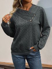 Buttoned Solid Color Split-Joint Long Sleeves Loose V-Neck Sweatshirt Tops