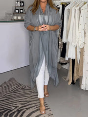 Mesh Pockets Solid Color Split-Joint Long Sleeves Loose V-Neck Outerwear