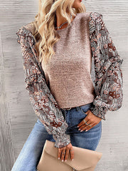 Flower Print Split-Joint Long Sleeves Loose Round-neck Blouses&shirts Tops