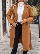 Buttoned Solid Color Split-Joint Tied Waist Long Sleeves Loose Notched Collar Woolen Coat