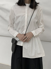 Asymmetric Buttoned Pleated Solid Color Long Sleeves Round-Neck Blouses&Shirts Tops