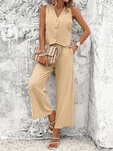 Buttoned Solid Color Loose Sleeveless V-Neck Vest Top + Pockets Elasticity Two Pieces Set