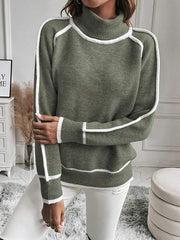 Contrast Color Split-Joint Long Sleeves Loose High Neck Sweater Tops
