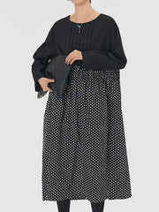 Contrast Color Elasticity Pleated Polka-Dot Split-Joint Long Sleeves Loose Round-Neck Midi Dresses