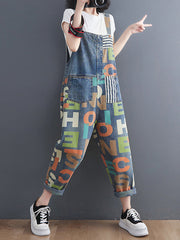 Asymmetric Buttoned Letter Print Pockets Split-Joint Striped High Waisted Loose Overalls