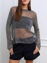 See-Through Solid Color Long Sleeves Loose Round-Neck Sweater Tops