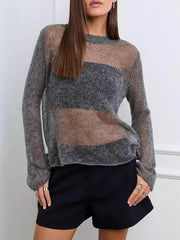 See-Through Solid Color Long Sleeves Loose Round-Neck Sweater Tops