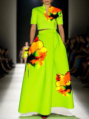 A-Line Loose Flower Print Pleated Pockets Skirts Bottoms