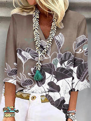 Flower Print Three-quarter Sleeves Loose Plus Size V-Neck T-Shirts Tops