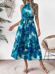 Hollow Pleated Printed Split-Joint Tied Waist Loose Sleeveless Round-Neck Midi Dresses