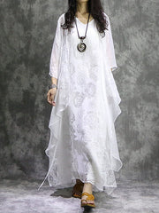 Flower Print Solid Color False Two Loose V-Neck Midi Dresses