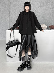 Buttoned Falbala Ruffled Solid Color Split-Joint Hipster Long Sleeves Lapel Blouses&shirts Tops