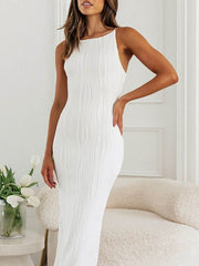 Pleated Solid Color Split-back Skinny Sleeveless Spaghetti-Neck Maxi Dresses