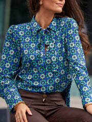 Lace-Up Printed Long Sleeves Loose Lapel Blouses&Shirts Tops