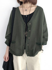 Artistic Retro Solid Color Buttoned V-Neck Long Sleeves Cardigan Top