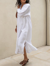 Pleated Solid Color Split-Joint Split-side Long Sleeves Loose Round-neck Shirt Dress Midi Dresses