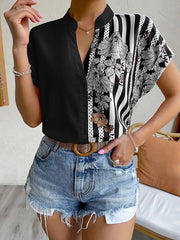 Buttoned Contrast Color Flower Print Striped Loose Short Sleeves V-Neck Blouses&Shirts Tops