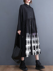 Buttoned Gradient Plaid A-Line Long Sleeves Lapel Midi Dresses
