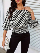 Loose Puff Sleeves Elasticity Printed Split-Joint Round-Neck Blouses&Shirts Tops
